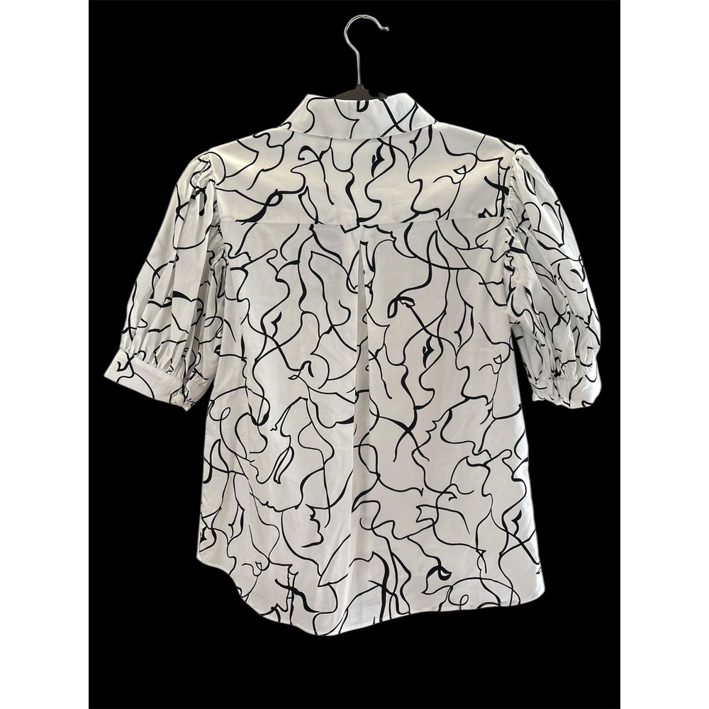 Elie Tahari Abstract Face Print Puff Sleeve‎ Collared Button Up Shirt Women US S